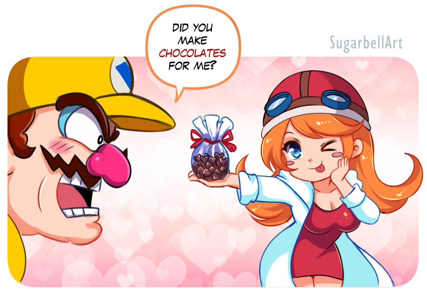 1boy 1girl absurdres artist_name big_nose blue_eyes blush brown_hair chocolate coat dress facial_hair goggles goggles_on_headwear hat heart heart_background helmet highres long_hair mona_(warioware) motorcycle_helmet mustache one_eye_closed orange_hair pink_nose red_dress speech_bubble sugarbell tongue tongue_out wario warioware white_coat yellow_hat