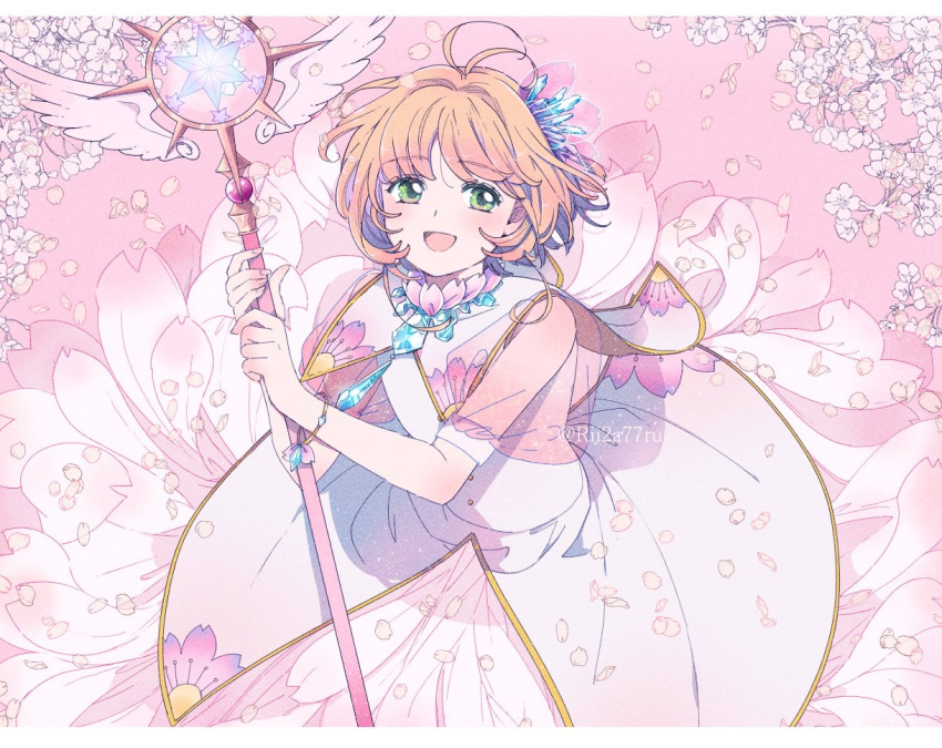 1girl antenna_hair bracelet brown_hair cardcaptor_sakura cherry_blossoms collared_dress commentary_request dress green_eyes hair_ornament holding holding_wand jewelry kinomoto_sakura looking_at_viewer magical_girl open_mouth petals rii2a77ru short_hair smile solo wand