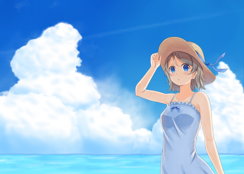 1girl blue_eyes brown_hair cloud cumulonimbus_cloud dress hat highres looking_at_viewer love_live! love_live!_sunshine!! na_o ocean short_hair sky solo watanabe_you water