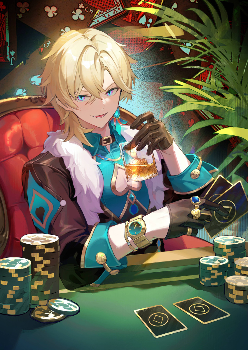 1boy absurdres armchair aventurine_(honkai:_star_rail) black_gloves black_jacket blonde_hair blue_eyes blue_shirt card chair cleavage_cutout clothing_cutout commentary_request cup drink drinking_glass gloves hair_between_eyes half_gloves heart_cutout highres holding holding_card holding_cup honkai:_star_rail honkai_(series) jacket jewelry long_sleeves looking_at_viewer male_focus on_chair poker_chip poker_table ring shirt smile solo table upper_body wang_man watch wristwatch