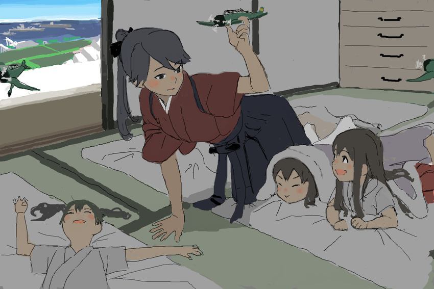 a6m_zero aircraft aircraft_carrier airplane akagi_(kantai_collection) commentary_request drawer futon houshou_(kantai_collection) indoors kaga_(kantai_collection) kantai_collection mensoubou military military_vehicle multiple_girls ship sleeping tatami toy_airplane under_covers warship watercraft younger zuikaku_(kantai_collection)
