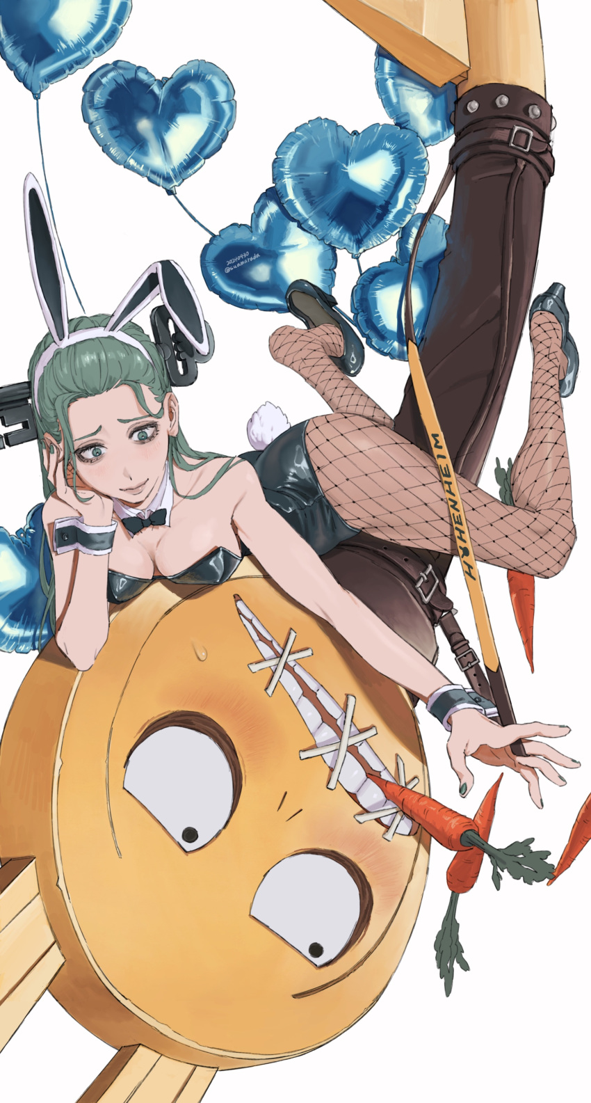 a.b.a absurdres animal_ears balloon black_leotard blush breasts cleavage detached_collar fake_animal_ears fake_tail fishnet_pantyhose fishnets green_hair guilty_gear guilty_gear_strive hair_slicked_back heart_balloon high_heels highres key_in_head leotard object_through_head pantyhose paracelsus_(guilty_gear) playboy_bunny rabbit_ears rabbit_tail shoe_dangle smile stitched_mouth stitches strapless strapless_leotard suamarada tail wrist_cuffs