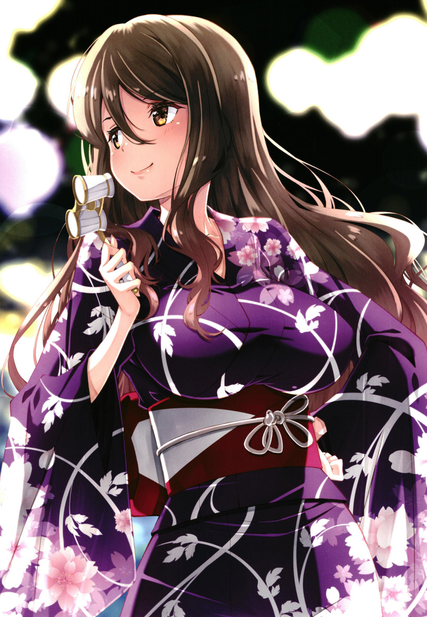 1girl blush breasts brown_eyes brown_hair closed_mouth highres izumi_mahiru japanese_clothes kimono large_breasts long_hair lycoris_recoil nakahara_mizuki non-web_source outdoors smile solo yukata