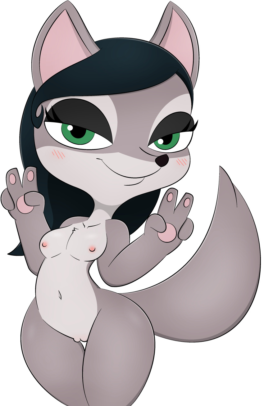 absurd_res alpha_channel anthro barbara_hannah black_hair blush blush_lines canid canine countershade_face countershade_torso countershading female female_anthro fox fur genitals gesture green_eyes grey_body grey_countershading grey_fur grey_tail hair hand_gesture hi_res looking_at_viewer mammal navel nipples nude pawpads pink_inner_ear pink_nipples pink_pawpads pinky_and_perky pussy smile smiling_at_viewer solo standing tail thigh_gap v_sign zinzoa