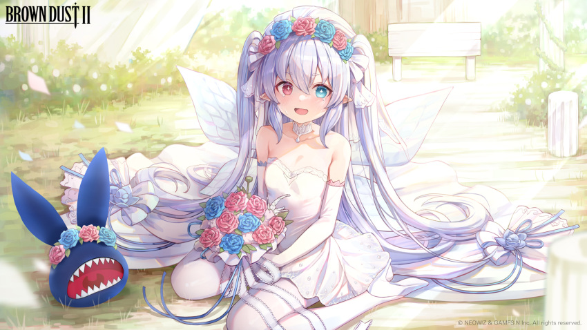 1girl blue_eyes blue_flower blush bouquet breasts bridal_veil bride brown_dust_2 bush butterfly_wings collar copyright_name crying crying_with_eyes_open detached_sleeves dress flower grey_hair head_wreath heterochromia high_heels highres holding holding_bouquet insect_wings long_hair looking_at_viewer misyune official_art official_wallpaper on_grass open_mouth pink_flower red_eyes refithea_(brown_dust) second-party_source sitting small_breasts solo star-shaped_pupils star_(symbol) stiletto_heels strapless strapless_dress symbol-shaped_pupils tears thighhighs twing_glutti veil very_long_hair wariza white_collar white_dress white_footwear white_sleeves white_thighhighs wings