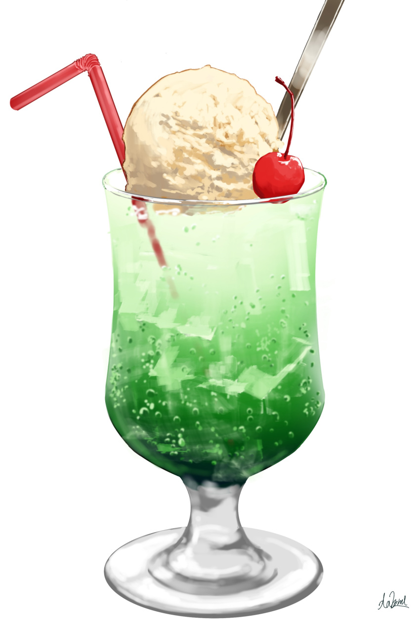 absurdres cherry cup drinking_glass drinking_straw food food_focus fruit hakuurei_amano highres ice_cream ice_cream_float melon_soda no_humans original signature simple_background spoon white_background