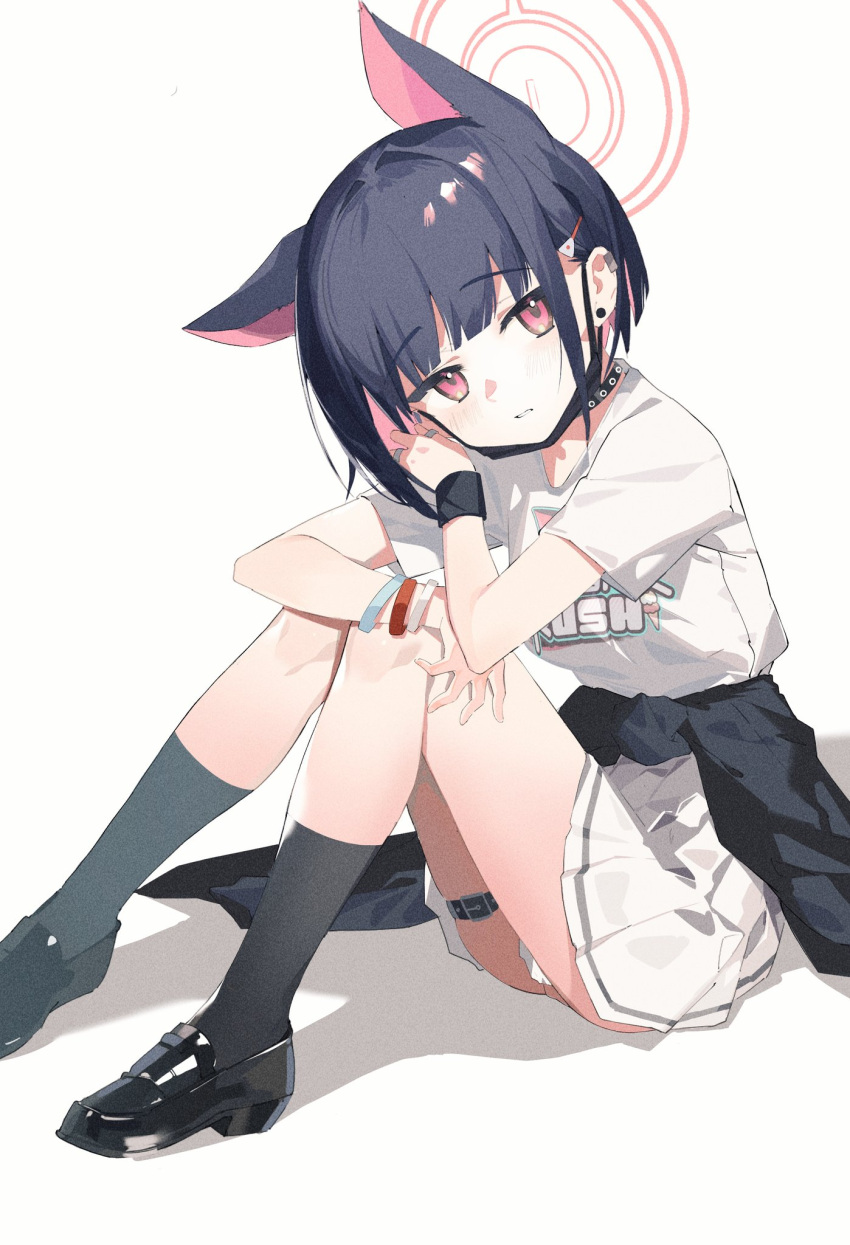 1girl animal_ears arms_on_knees b_zhan_cm_yang band_shirt bare_legs belt black_belt black_choker black_footwear black_hair black_jacket black_socks blue_archive blunt_bangs blush bob_cut breasts choker clothes_around_waist colored_inner_animal_ears colored_inner_hair commentary_request earclip earrings full_body grimace hair_ornament hairclip halo hand_on_own_knee hand_on_own_shoulder head_tilt highres jacket jacket_around_waist jewelry kazusa_(band)_(blue_archive) kazusa_(blue_archive) knees_up loafers looking_at_viewer looking_to_the_side mask_pull medium_breasts merchandise miniskirt multicolored_hair official_alternate_costume on_ground parted_lips pink_eyes pink_hair pleated_skirt raised_eyebrows red_halo ring shadow shirt shoes short_hair short_sleeves simple_background sitting skindentation skirt socks solo t-shirt thick_eyelashes thigh_belt thigh_strap thighs turning_head two-tone_hair upskirt white_background white_shirt white_skirt wristband