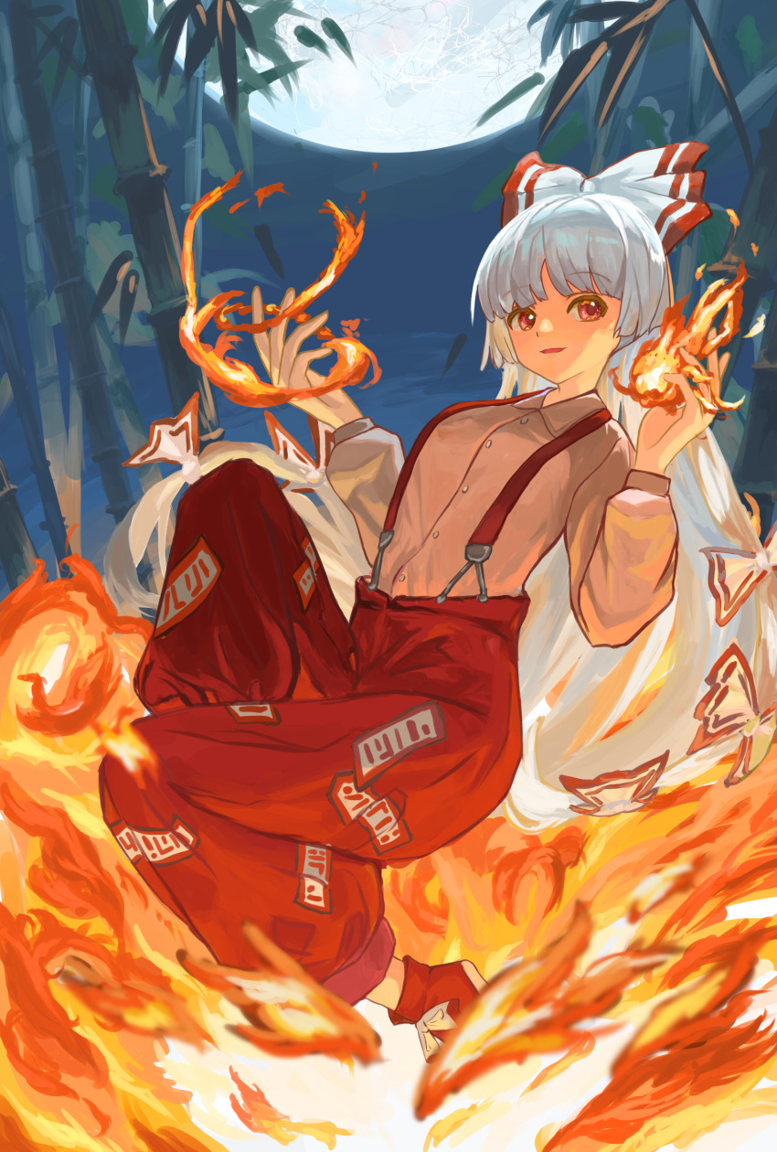 1girl absurdres bamboo bamboo_forest bow collared_shirt commentary fire forest fujiwara_no_mokou full_moon hair_bow highres hirachill16 long_hair long_sleeves looking_at_viewer moon nature ofuda ofuda_on_clothes open_mouth outdoors pants pyrokinesis red_eyes red_pants shirt smile solo suspenders touhou very_long_hair white_hair