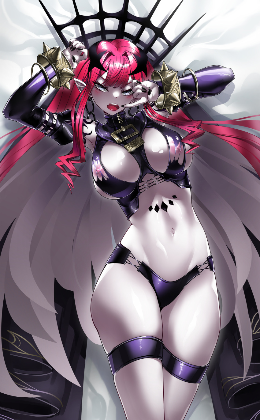1girl absurdres baobhan_sith_(fate) baobhan_sith_(second_ascension)_(fate) bare_shoulders black_panties blush bracelet breasts casul detached_sleeves ear_piercing earrings fang fangs fate/grand_order fate_(series) grey_eyes highres hoop_earrings jewelry navel open_mouth pale_skin panties piercing pointy_ears red_hair revealing_clothes spiked_bracelet spikes stomach thigh_strap thighs tiara underwear veil wrist_cuffs