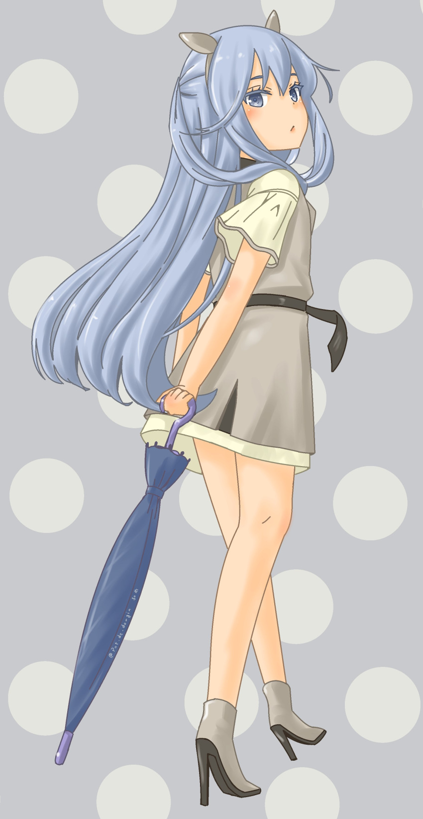 1girl absurdres blue_eyes blue_hair blue_umbrella closed_umbrella dress fake_horns from_behind full_body grey_background grey_dress grey_footwear highres horned_headwear horns i-203_(kancolle) kantai_collection long_hair polka_dot polka_dot_background pot-de solo umbrella