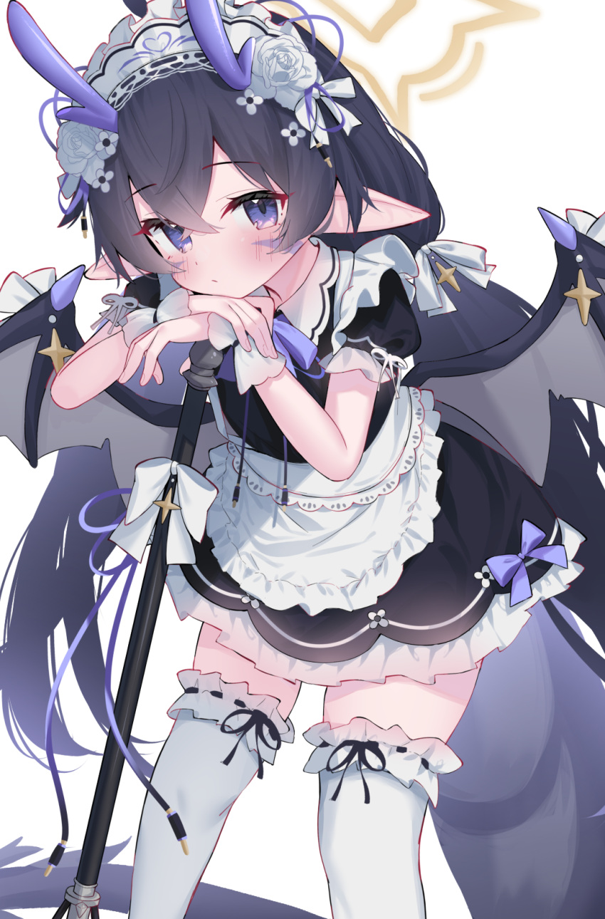 1girl apron black_dress black_hair black_wings blue_bow blue_eyes blush bow closed_mouth demon_wings dress eip_(pepai) flower frilled_apron frilled_thighhighs frills hair_bow hair_flower hair_ornament halo highres horns long_hair looking_at_viewer maid maid_headdress original pointy_ears rose simple_background solo star_(symbol) tail thighhighs white_apron white_background white_bow white_flower white_rose white_thighhighs wings yellow_halo