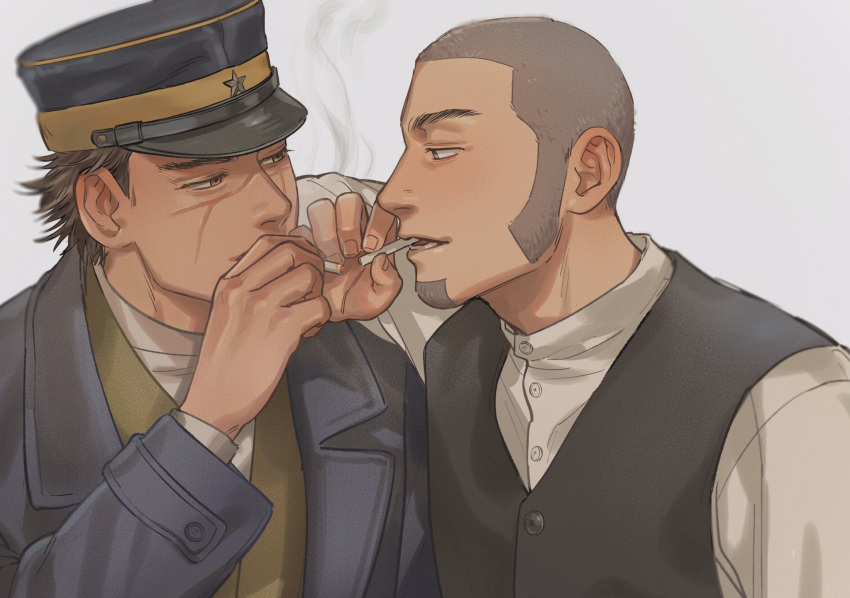 2boys blue_coat brown_hair coat golden_kamuy grey_eyes grey_hair grey_sweater_vest hat_ornament highres long_sleeves male_focus mature_male multiple_boys orange_eyes shiraishi_yoshitake shirt sideburns simple_background smoke smoking sorewakaru0001 star_(symbol) star_hat_ornament sugimoto_saichi sweater_vest upper_body visor_cap white_background white_shirt