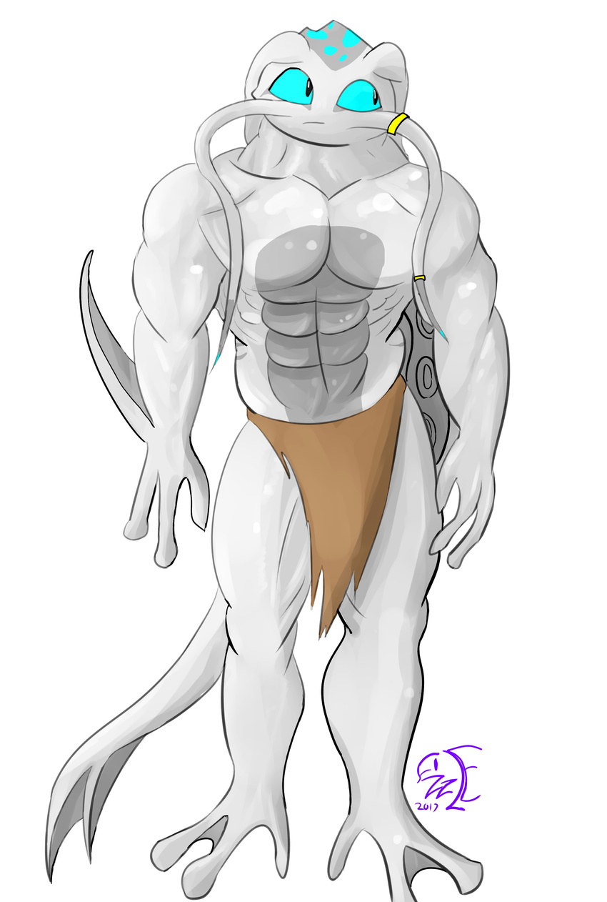 2017 3_fingers 3_toes abs absurd_res aged_up barefoot biceps big_biceps blue_eyes brown_bottomwear brown_clothing clothed clothing cyan_markings digital_drawing_(artwork) digital_media_(artwork) fan_character fin fish fizzlesticks_(character) front_view full-length_portrait gills grey_scales hi_res huge_muscles jewelry league_of_legends light loincloth looking_away male manly marine markings multicolored_scales muscular muscular_male pecs portrait quads riot_games scales scalie scarefish serratus shaded signature simple_background standing thick_neck toes topless two_tone_scales video_games webbed_feet white_background