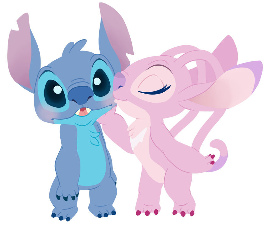 2015 3_toes 4_fingers :o alien alpha_channel angel_(lilo_and_stitch) antennae blue_claws blue_eyes blue_fur blue_nose blush breast_markings chest_tuft claws cute decapitated-kittens digital_drawing_(artwork) digital_media_(artwork) disney duo experiment_(species) eyelashes eyes_closed female fur head_tuft hi_res kissing lilo_and_stitch lovestruck male markings notched_ear pink_claws pink_fur purple_nose raised_eyebrows romantic_couple simple_background smile stitch toes transparent_background tuft