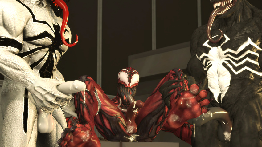 3d_(artwork) 5_fingers after_sex anti-venom carnage cum cum_on_feet cum_on_penis digital_media_(artwork) erection feet foot_fetish group group_sex half-erect humanoid male male/male mammal marvel mrflaptastic muscular not_furry penis sex source_filmmaker symbiote threesome venom_(spider-man)