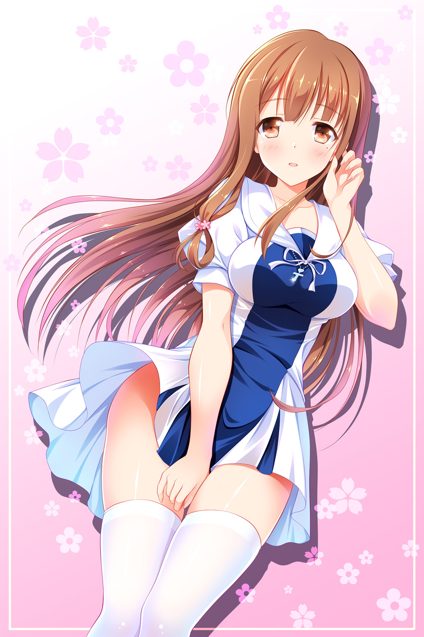 bashen_chenyue blush brown_eyes brown_hair cherry_blossoms collarbone commentary_request dress dutch_angle eyebrows_visible_through_hair floating_hair floral_background fujinomiya_neko hair_ornament highres long_hair looking_at_viewer masamune-kun_no_revenge no_panties parted_lips shiny shiny_skin short_dress solo thighhighs very_long_hair white_legwear
