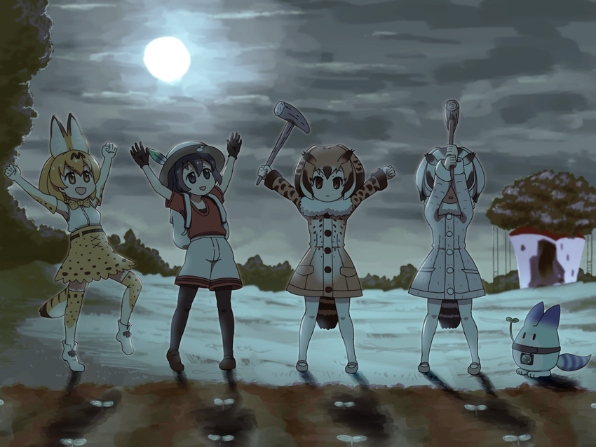 animal_ears backpack bag black_hair blonde_hair brown_eyes brown_hair coat commentary_request eurasian_eagle_owl_(kemono_friends) full_moon hat kaban_(kemono_friends) kemono_friends lucky_beast_(kemono_friends) moon multiple_girls night night_sky northern_white-faced_owl_(kemono_friends) official_style outstretched_arms parody serval_(kemono_friends) serval_ears serval_tail shirosato silver_hair sky smile tail thighhighs tonari_no_totoro walking_stick yellow_eyes