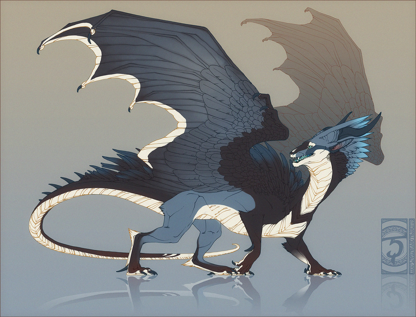 2012 ambiguous_gender blue_eyes claws curved_horn digital_media_(artwork) dragon feathered_dragon feathered_wings feathers feral horn membranous_wings open_mouth shinerai simple_background solo teeth wings