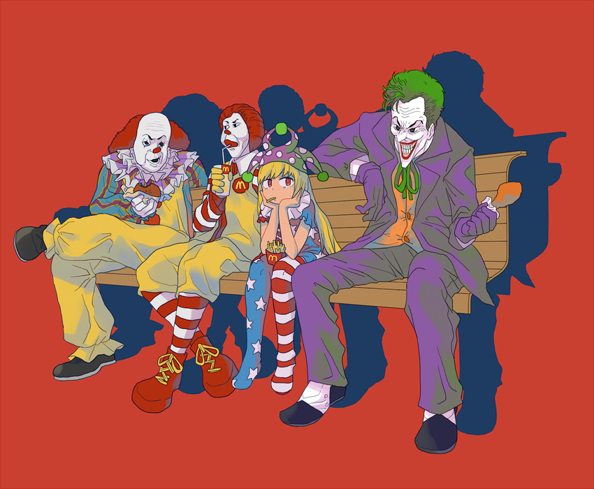 3boys american_flag_dress american_flag_legwear batman_(series) bench black_footwear blonde_hair clown clownpiece commentary_request crossover dc_comics dress drinking eating food formal french_fries green_hair hamburger hat highres it_(stephen_king) jester_cap makeup mcdonald's multiple_boys neck_ruff okbnkn pants pantyhose pennywise polka_dot red_background red_footwear red_hair ronald_mcdonald shoes short_dress simple_background sitting smile star star_print striped striped_legwear suit the_joker touhou trait_connection