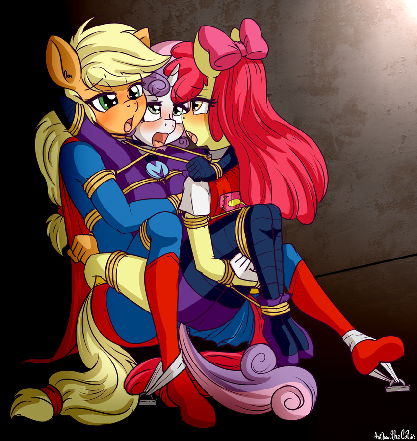 2017 anibaruthecat anthro anthrofied apple_bloom_(mlp) applejack_(mlp) bdsm blonde_hair blush bondage bound clothed clothing earth_pony equine female friendship_is_magic group hair hair_bow hair_ribbon hi_res horn horse long_hair mammal multicolored_hair my_little_pony open_mouth pony restrained ribbons rope sibling sisters sweetie_belle_(mlp) two_tone_hair unicorn