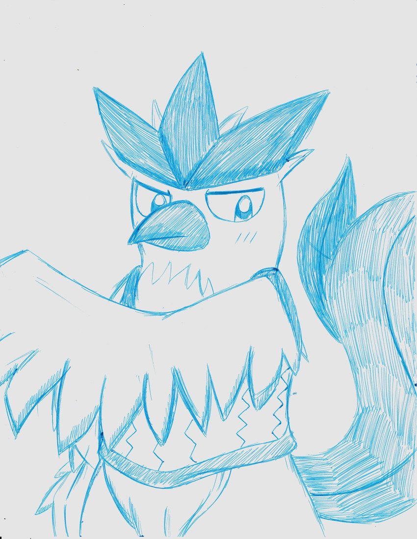 2017 articuno avian beak bird clothed clothing cyan_feathers duck_hunt_dog_(artist) fan_character feathers legendary_pok&eacute;mon looking_at_viewer male monochrome nintendo pok&eacute;mon shirt simple_background solo tank_top traditional_media_(artwork) video_games white_background