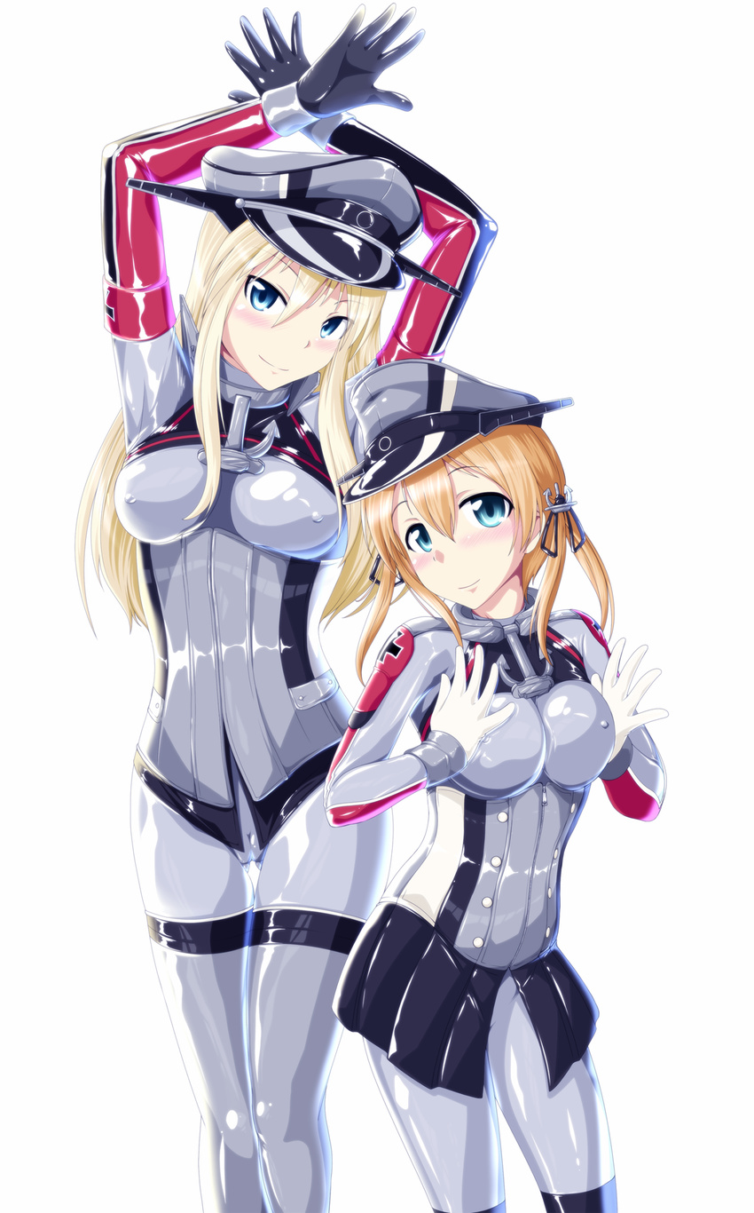 adapted_costume anchor_hair_ornament arms_up bismarck_(kantai_collection) blonde_hair blue_eyes bodysuit breasts corset covered_nipples eyebrows_visible_through_hair hair_ornament hands_on_own_chest hat highres kantai_collection latex latex_bodysuit long_hair multiple_girls orange_hair peaked_cap prinz_eugen_(kantai_collection) shiny shiny_clothes skin_tight skirt smile tamakko twintails white_background