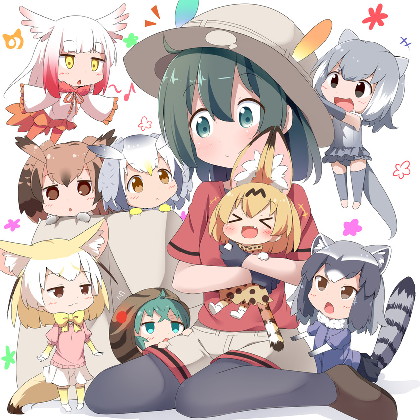 &gt;_&lt; 6+girls :&lt; :3 :d animal_ears backpack backpack_removed bag black_eyes black_gloves black_legwear blonde_hair blush brown_eyes brown_hair chibi child closed_eyes commentary common_raccoon_(kemono_friends) eighth_note eurasian_eagle_owl_(kemono_friends) fang fennec_(kemono_friends) fox_ears fox_tail gloves gradient green_eyes green_hair grey_hair hat hat_feather head_wings highres hug japanese_crested_ibis_(kemono_friends) japari_symbol kaban_(kemono_friends) kemono_friends makuran multicolored_hair multiple_girls musical_note northern_white-faced_owl_(kemono_friends) open_mouth otter_ears otter_tail pantyhose pantyhose_under_shorts raccoon_ears raccoon_tail red_hair red_shirt serval_(kemono_friends) serval_ears serval_tail shirt short_hair shorts sitting small-clawed_otter_(kemono_friends) smile spoken_musical_note tail tsuchinoko_(kemono_friends) wariza xd yellow_eyes younger