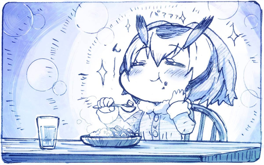 =_= blue chair closed_eyes commentary_request curry food food_on_face hand_on_own_cheek holding holding_spoon kemono_friends monochrome northern_white-faced_owl_(kemono_friends) sakino_shingetsu short_hair smile solo sparkle spoon table