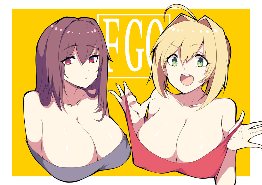 absurdres ahoge bare_shoulders blonde_hair blush border breasts cleavage collarbone copyright_name fate/extra fate/grand_order fate_(series) funaya_(a2brasd) green_eyes hair_intakes highres huge_breasts long_hair multiple_girls nero_claudius_(fate) nero_claudius_(fate)_(all) open_mouth outside_border purple_hair red_eyes scathach_(fate)_(all) scathach_(fate/grand_order) short_hair smile strap_pull upper_body white_border yellow_background