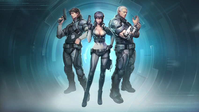 2boys arm_cannon armor backlighting batou belt black_gloves body_armor bodysuit boots breasts brown_hair bulletproof_vest cleavage closed_mouth collarbone commentary concept_art covered_navel cyberpunk cyborg fingerless_gloves full_body ghost_in_the_shell ghost_in_the_shell:_stand_alone_complex_-_first_assault_online ghost_in_the_shell_stand_alone_complex gloves grey_bodysuit gun hand_on_hip handgun holding holding_gun holding_weapon holster knee_pads kusanagi_motoko looking_at_viewer mateba_model_6_unica medium_breasts mullet multiple_boys muscle pistol pouch purple_hair realistic revolver science_fiction serious short_hair shoulder_pads silver_hair skin_tight standing tataar thigh_strap togusa underbust vest weapon