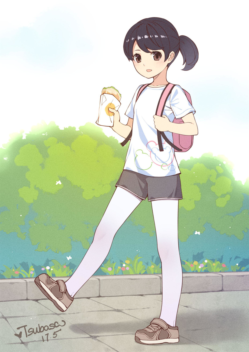 absurdres artist_name backpack bag bangs black_hair blush brown_eyes brown_footwear bush collarbone commentary dated food full_body grey_shorts heart highres holding holding_food leg_up looking_at_viewer open_mouth original outdoors pantyhose pantyhose_under_shorts path road shiny shiny_hair shirt shoes short_hair short_ponytail shorts simple_background smile solo standing standing_on_one_leg swept_bangs tareme tsubasa_tsubasa white_background white_legwear white_shirt wrapper