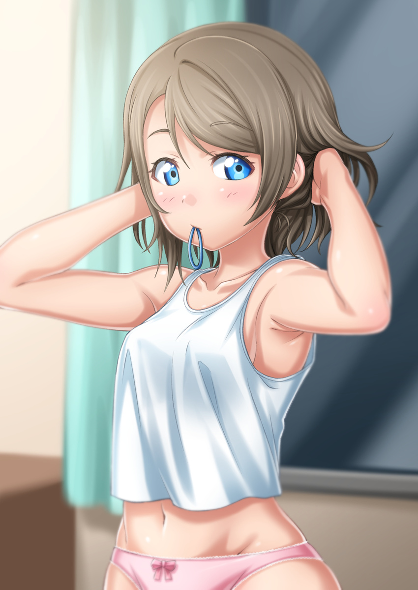 armpits arms_up blue_eyes blurry blurry_background breasts commentary_request depth_of_field eyebrows_visible_through_hair grey_hair hair_tie hair_tie_in_mouth hands_in_hair highres looking_at_viewer love_live! love_live!_sunshine!! medium_breasts midriff mouth_hold navel panties pink_panties sazanami_tarou short_hair sideboob solo tank_top underwear underwear_only watanabe_you white_tank_top