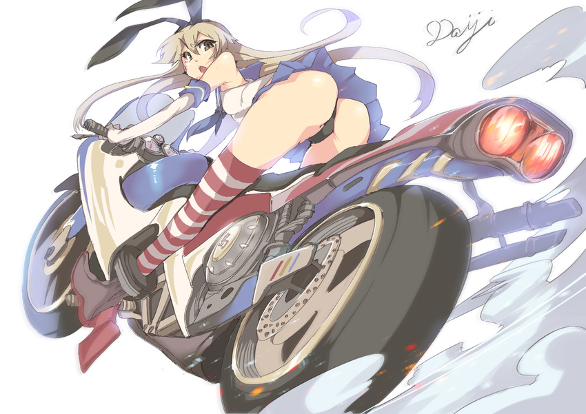 ass black_panties blonde_hair commentary_request elbow_gloves gloves ground_vehicle hairband highres kantai_collection long_hair looking_back motor_vehicle motorcycle on_motorcycle open_mouth panties riding satou_daiji shimakaze_(kantai_collection) skirt solo striped striped_legwear thighhighs thong underwear white_gloves