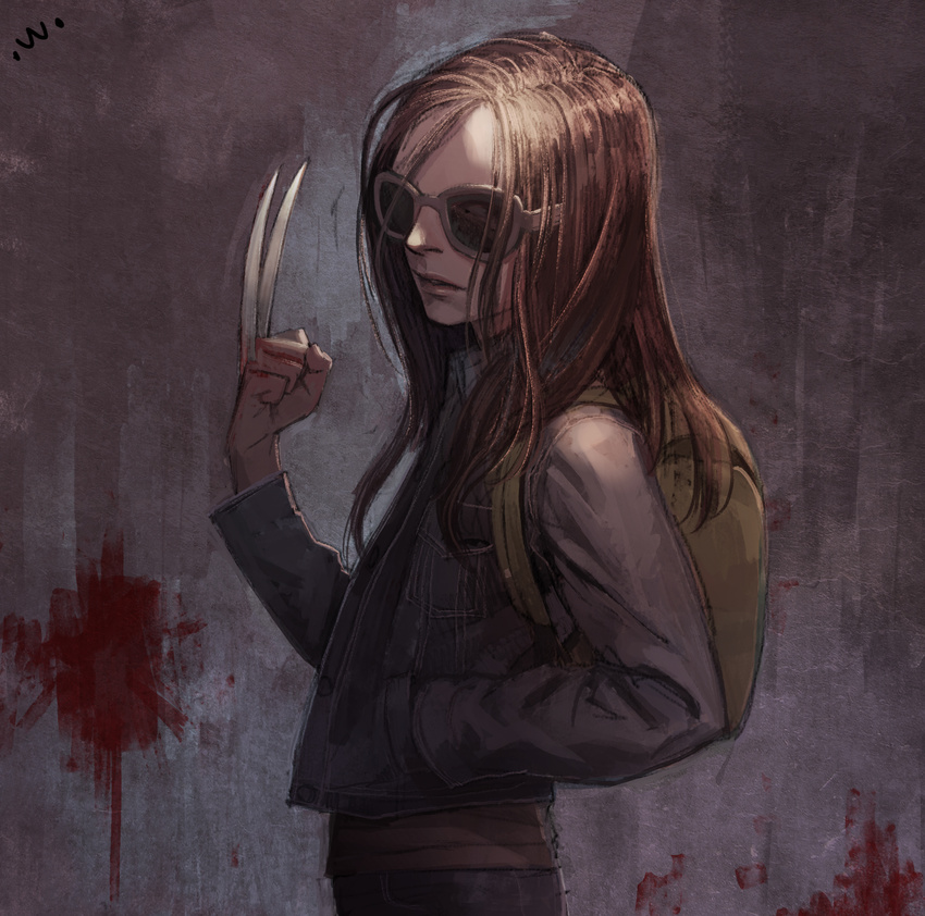 backpack bag black_jacket blood blood_on_wall brown_hair buttons from_side hand_in_pocket highres jacket laura_kinney logan_(movie) long_hair long_sleeves nose parted_lips solo sung_uk_kim sunglasses x-23