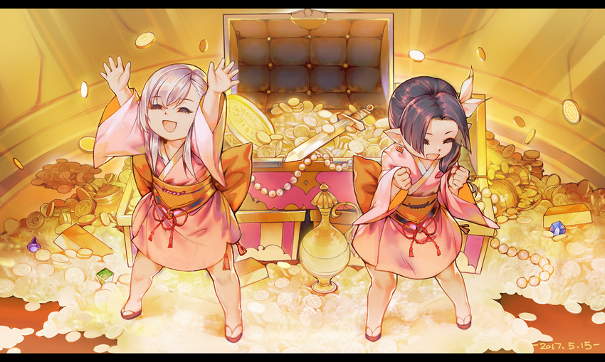 arms_up black_hair chuxin clenched_hands closed_eyes coin earrings final_fantasy final_fantasy_xiv gem gold gold_bar japanese_clothes jewelry kimono lalafell long_hair multiple_girls obi open_mouth pointy_ears sandals sash side_ponytail silver_hair smile sword treasure treasure_chest weapon yukata