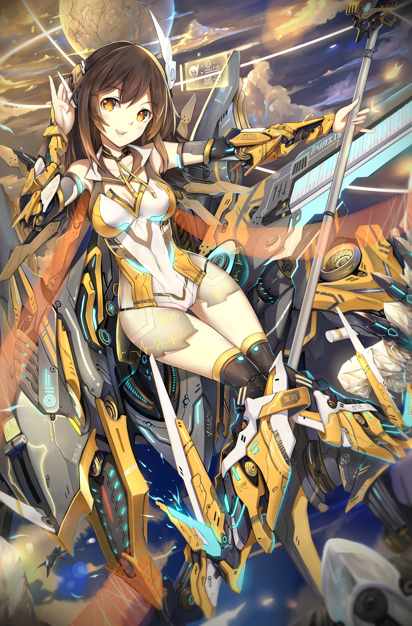 :d absurdres adjusting_headwear aircraft airplane armor black_legwear blush breasts brown_eyes brown_hair chinese choker cleavage cleavage_cutout collarbone commentary_request covered_navel detached_sleeves fighter_jet flying highres huali instrument jet keyboard_(instrument) kneehighs knees_together_feet_apart leotard looking_at_viewer mecha_musume medium_breasts military military_vehicle muta open_mouth orange_eyes outstretched_arm skin_tight sky smile solo staff teeth thigh_gap yan_xi