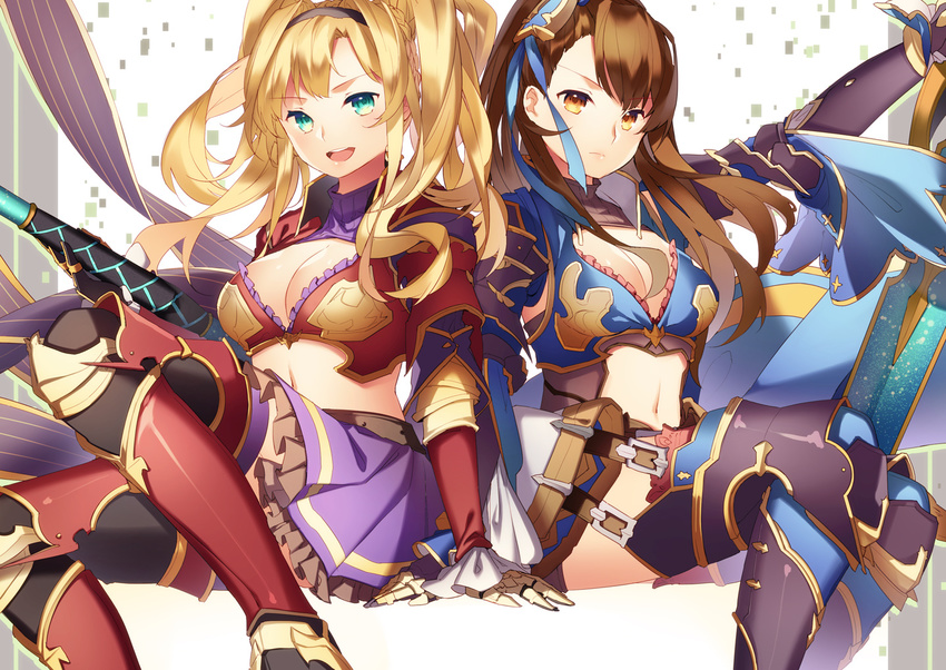 arm_support armor beatrix_(granblue_fantasy) blonde_hair blue_eyes breasts brown_eyes brown_hair cleavage crop_top gauntlets granblue_fantasy greaves hair_ornament hairband large_breasts lips long_hair looking_at_viewer midriff miniskirt multiple_girls navel open_mouth polearm ponytail red_armor serious shiyun simple_background sitting skirt smile spear sword thighhighs twintails weapon zeta_(granblue_fantasy)