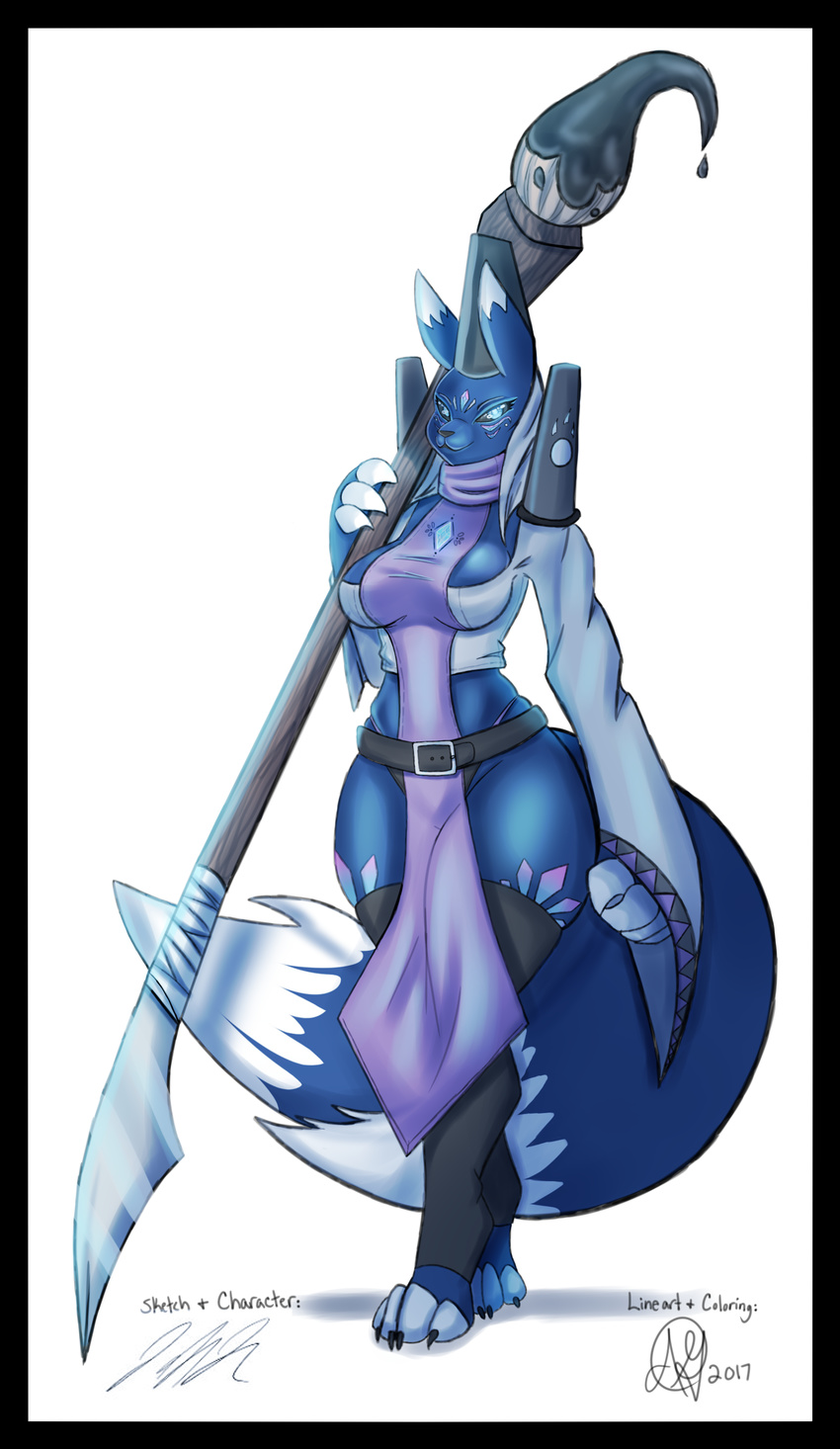 2017 3_fingers 4_toes absurd_res armor belt big_breasts black_sclera blue_eyes blue_fur breasts c-e-p-h claws clothed clothing collaboration digimon female fur gem gwendolyn_(jeffthehusky) headwear hi_res jeffthehusky leggings legwear markings melee_weapon paint paintbrush pauldron robes sash scarf simple_background skimpy smile sword taomon thick_thighs toes voluptuous weapon wide_hips