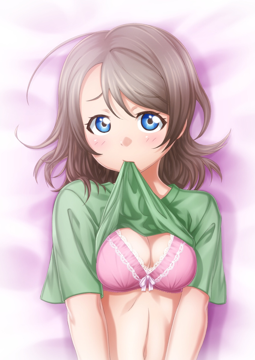 bed_sheet blue_eyes bow bow_bra bra breasts cleavage commentary_request green_shirt grey_hair highres lace lace-trimmed_bra looking_at_viewer love_live! love_live!_sunshine!! lying medium_breasts mouth_hold navel on_back pink_bra sazanami_tarou shirt shirt_in_mouth shirt_lift short_hair short_sleeves solo t-shirt underwear upper_body watanabe_you