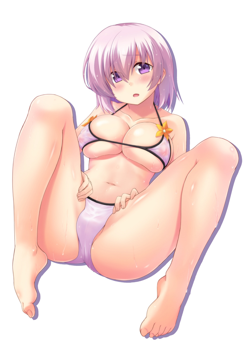 :o bare_arms bare_legs bare_shoulders barefoot bikini blush breasts collarbone commentary covered_nipples eyebrows_visible_through_hair fate_(series) feet flower foreshortening full_body hair_over_one_eye head_tilt highres large_breasts legs_up lying mash_kyrielight navel on_back open_mouth pink_bikini pink_hair purple_eyes raised_eyebrows see-through short_hair simple_background solo spread_legs stomach string_bikini subaru_(794829485) swimsuit tareme toenails toes underboob water water_drop wet wet_clothes wet_hair wet_swimsuit white_background