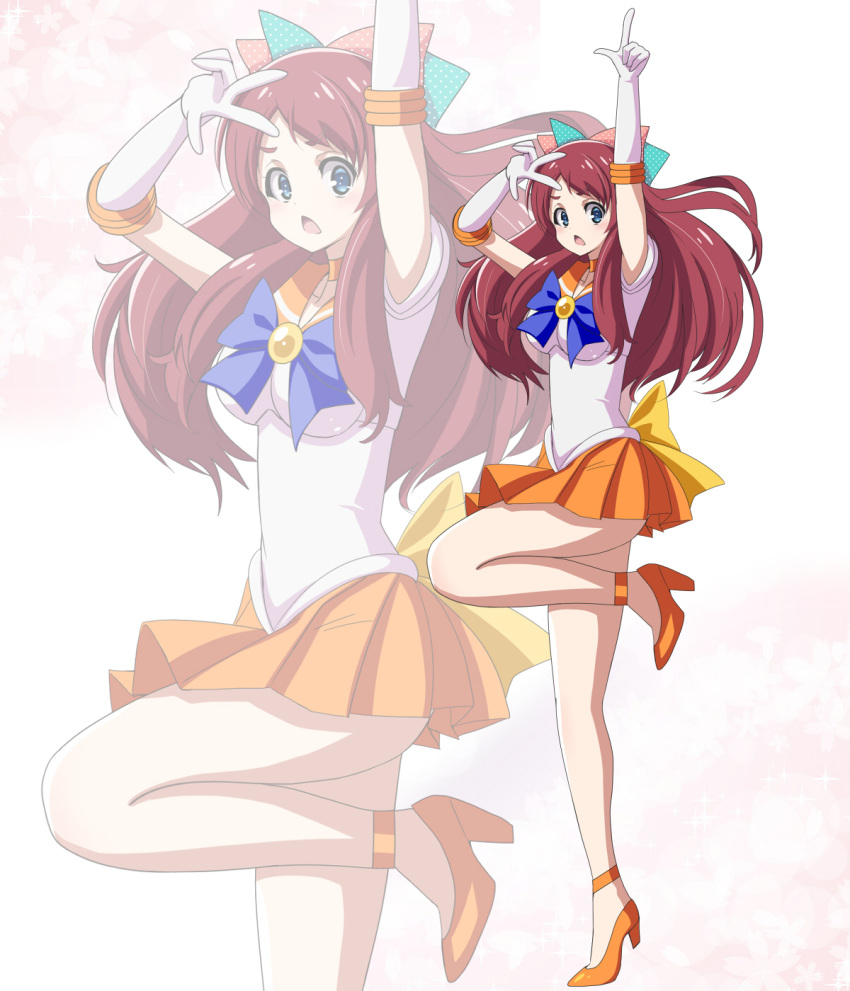 1girl arm_up bishoujo_senshi_sailor_moon blue_eyes bow breasts choker cosplay full_body gloves hair_bow high_heels highres long_hair medium_breasts minamoto_sakura orange_choker orange_footwear orange_sailor_collar pirochi pleated_skirt pointing pointing_up polka_dot polka_dot_bow red_hair sailor_collar sailor_senshi_uniform sailor_venus sailor_venus_(cosplay) skirt solo standing standing_on_one_leg v white_gloves zombie_land_saga zoom_layer