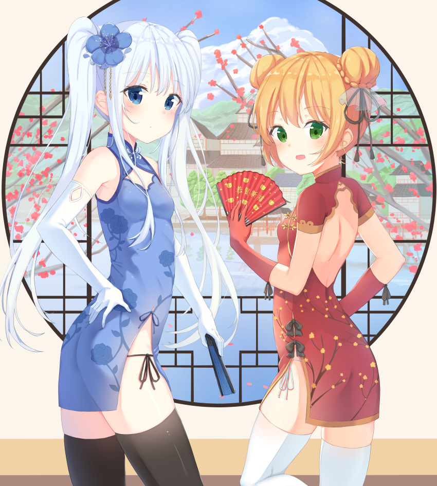 2girls :d absurdres architecture ass back backless_dress backless_outfit bangs bare_shoulders black_legwear black_panties black_ribbon blonde_hair blue_dress blue_eyes blue_flower blue_sky blush braided_bun breasts building china_dress chinese_clothes cleavage_cutout closed_fan closed_mouth cloud cloudy_sky contrapposto cowboy_shot day double_bun dress east_asian_architecture elbow_gloves eyebrows_visible_through_hair fan floral_print flower folding_fan gloves green_eyes hair_flower hair_ornament hair_ribbon hand_on_hip highres holding holding_fan indoors leg_up long_hair looking_at_viewer looking_back multiple_girls open_mouth original panties pelvic_curtain red_dress red_gloves reflection ribbon short_sleeves side-tie_panties side_slit sidelocks sky sleeveless sleeveless_dress small_breasts smile standing standing_on_one_leg thighhighs thighs tied_hair tree turtleneck twintails underwear water white_gloves white_hair white_legwear white_panties window xue_lu