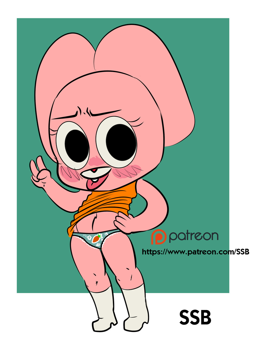 2017 anais_watterson anthro boots cartoon_network clothed clothing digital_media_(artwork) female footwear fur hand_sign lagomorph looking_at_viewer mammal navel panties patreon pink_fur pose rabbit raised_dress simple_background solo ssb standing teasing the_amazing_world_of_gumball tongue tongue_out underwear young