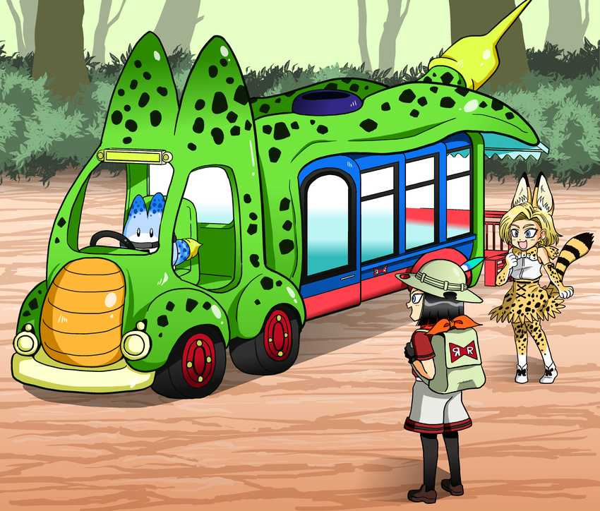 1girl android_17 android_18 animal_ears backpack bag bandana black_hair blonde_hair blue_eyes cell_(dragon_ball) cell_junior commentary_request cosplay dragon_ball dragon_ball_z earrings hat highres japari_bus jewelry kaban_(kemono_friends) kaban_(kemono_friends)_(cosplay) kemono_friends lucky_beast_(kemono_friends) orange_bandana pantyhose red_ribbon_army serval_(kemono_friends) serval_(kemono_friends)_(cosplay) serval_ears serval_print serval_tail shinomiya_akino smile tail thighhighs toriyama_akira_(style)