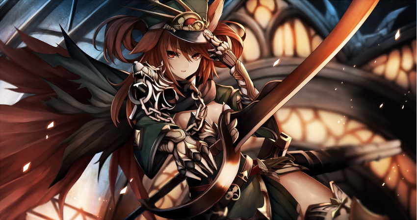 adjusting_clothes adjusting_hat animal_ears armor armored_boots armored_dress bad_id bad_twitter_id bangs belt blurry boots breasts cape chain cleavage commentary_request cowboy_shot cutlass_(sword) cygames depth_of_field dress foreshortening gauntlets green_dress hair_between_eyes hair_rings hat holding holding_sword holding_weapon inaba_sunimi long_sleeves looking_at_viewer medium_breasts orthrus_(shadowverse) parted_lips pauldrons red_eyes red_hair shadowverse shingeki_no_bahamut smile solo swept_bangs sword thigh_boots thighhighs weapon