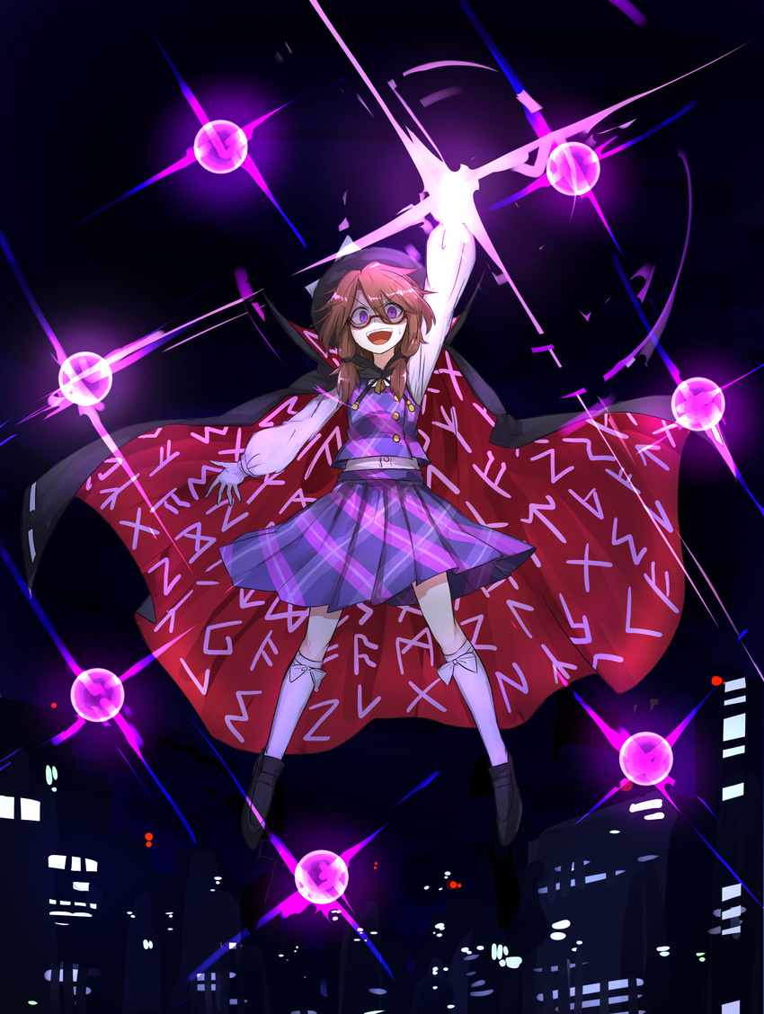 brown_hair cape cityscape flying glasses hat highres kan_(aaaaari35) kneehighs open_mouth outstretched_arm purple_eyes red-framed_eyewear school_uniform short_hair short_twintails smile solo sweat touhou twintails urban_legend_in_limbo usami_sumireko
