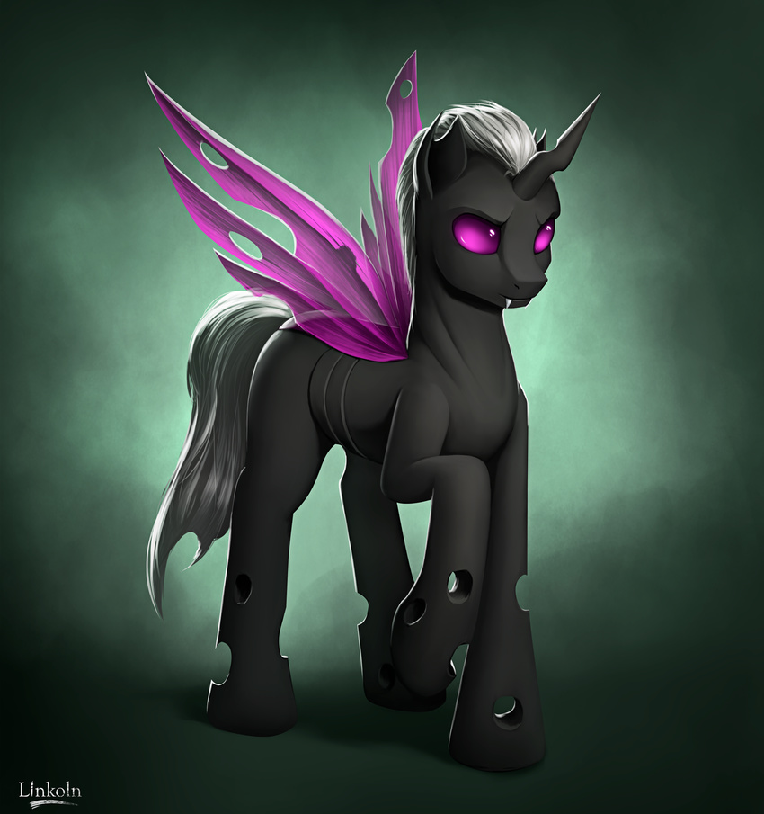 changeling fan_character feral gradient_background grey_hair hair hooves horn insect_wings l1nkoln male my_little_pony purple_eyes simple_background solo white_hair wings