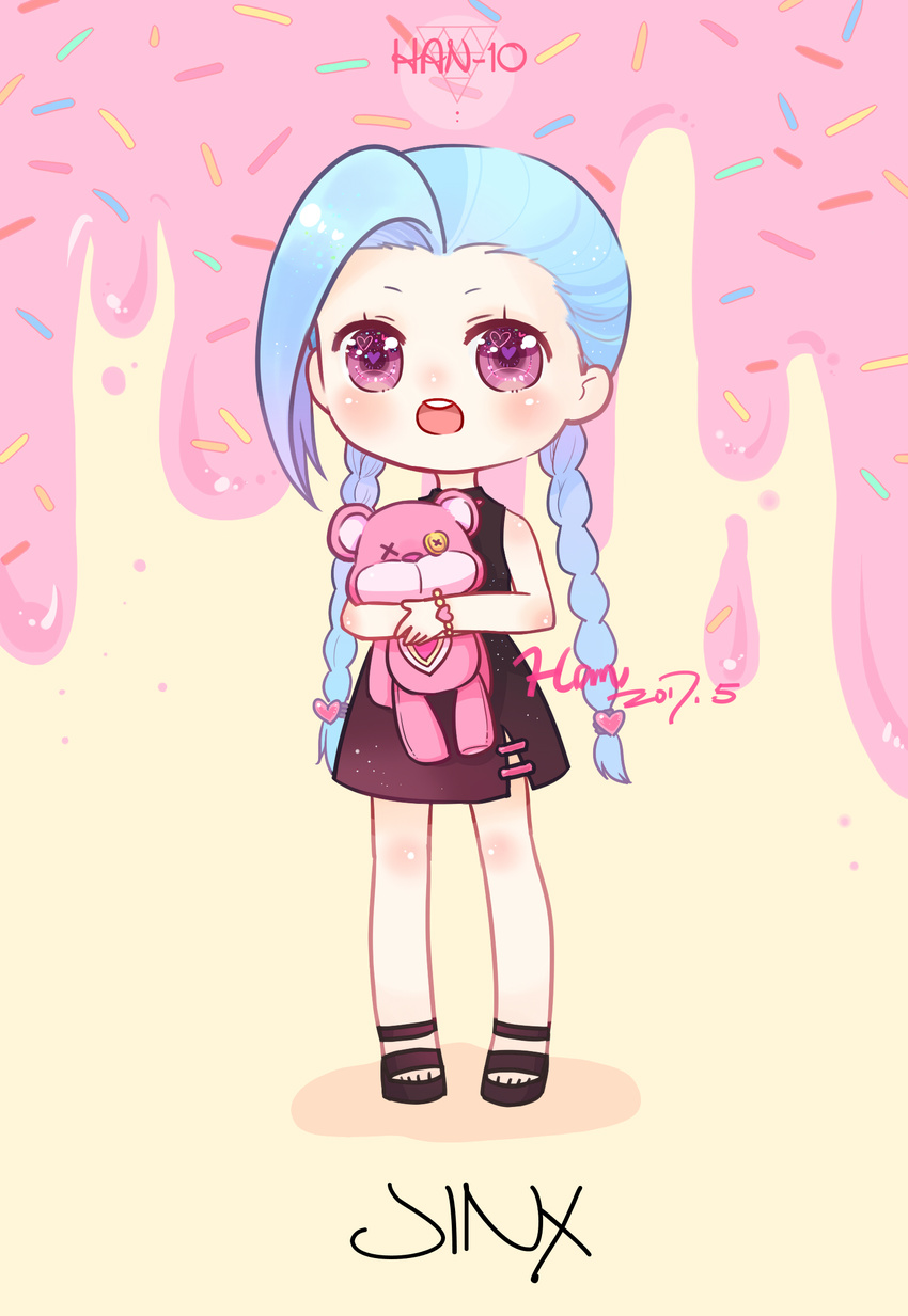 1girl blue_hair braid dress jinx_(league_of_legends) league_of_legends open_shoes pink_eyes solo twin_braids twintails younger