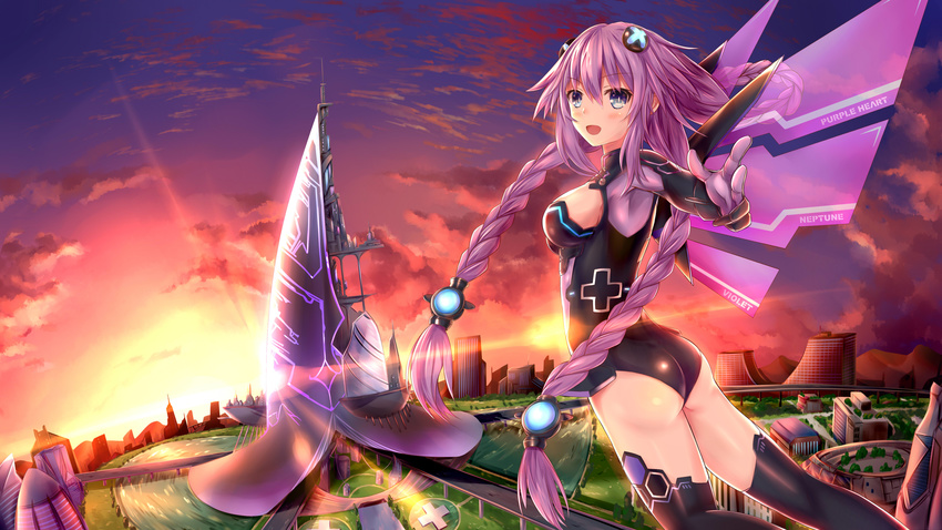 absurdres ass blue_eyes blush braid breasts cleavage cloud dutch_angle flying hair_ornament highres large_breasts long_hair looking_at_viewer muwa12 neptune_(series) purple_hair purple_heart sky smile solo symbol-shaped_pupils tied_hair twin_braids v very_long_hair