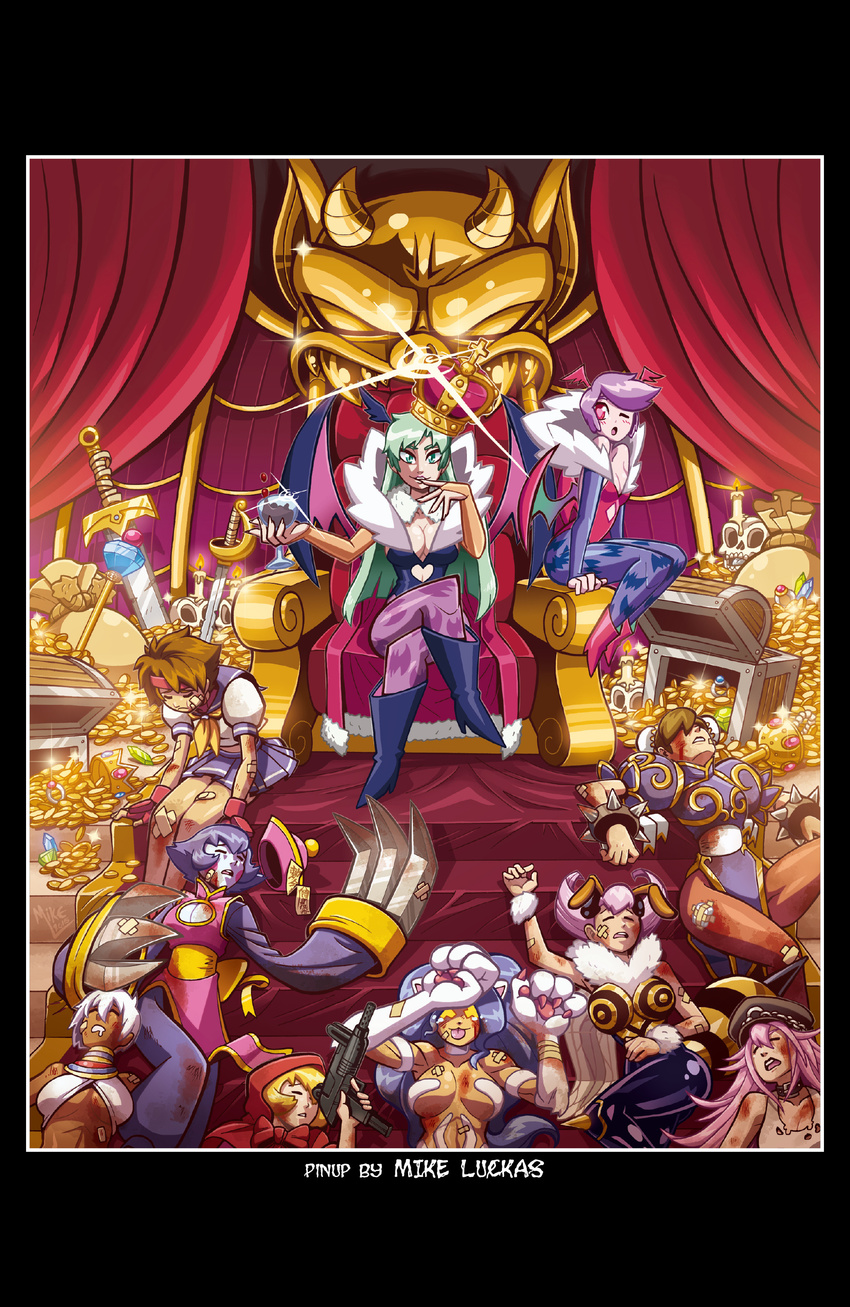 6+girls blue_skin breasts bulleta cat_ears chun-li cleavage_cutout coin crown dark_skin demon_girl elena_(street_fighter) felicia final_fight gold kasugano_sakura lei_lei lilith_aensland monster monster_girl morrigan_aensland multiple_girls poison_(final_fight) q-bee street_fighter succubus sword throne treasure vampire_(game)